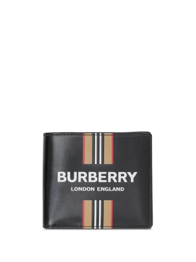 Burberry Black Logo And Icon Stripe Print International Bifold Leather Wallet
