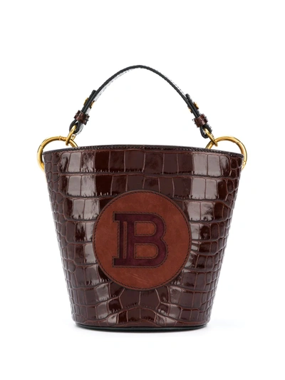 Balmain Logo-patch Saddler Bucket Bag In Brown