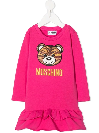 Moschino Babies' Teddy Bear Embroidered Ruffled Hem Dress In Fucsia