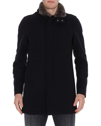 Herno Padded Coat With Collar Fur Detail In Blue