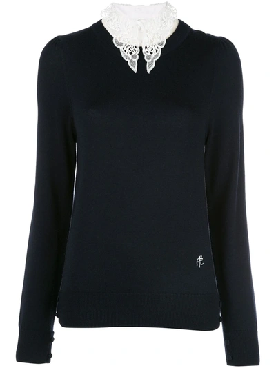 Adam Lippes Puff Sleeve Wool Sweater With Removable Lace Collar In Black