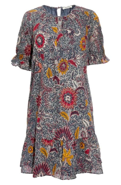 Madewell Ruffle Sleeve Popover Minidress In Block Print Dark Baltic