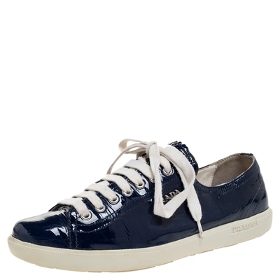 Pre-owned Prada Blue Patent Lace Up Sneakers Size 38.5