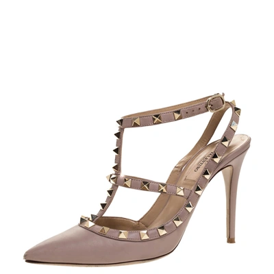 Pre-owned Valentino Garavani Beige Leather Rockstud Ankle Strap Pointed Toe Sandals Size 38.5
