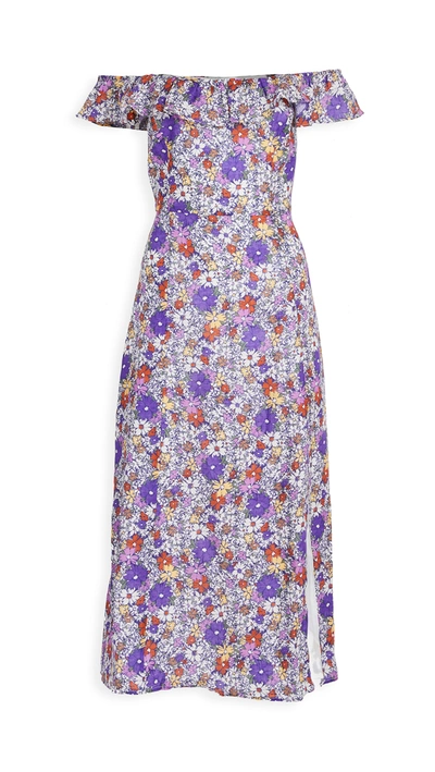 Wayf Ruffle Floral Print Linen Midi Dress In Purple Sketch Daisy Floral