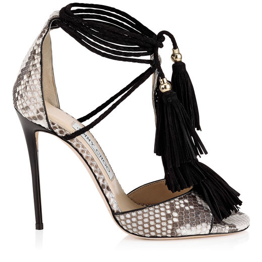 Jimmy Choo Mindy 110 Natural Python Sandals With Black Suede Tassels In ...