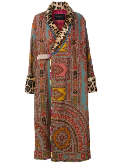 Etro Printed Robe Coat With Fur Lapel & Cuffs, Red In Multi