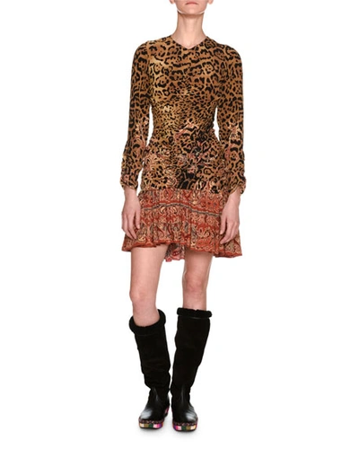 Etro Leopard & Paisley Ruched Long-sleeve Minidress, Ivory