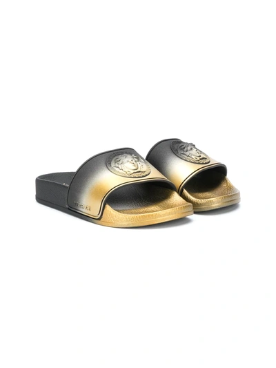 Young Versace Kids' Ombré Medusa Plaque Sandals In Black