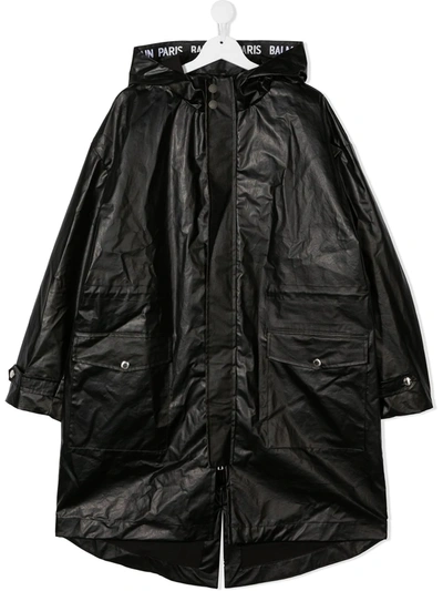 Balmain Teen Hooded Raincoat In Black