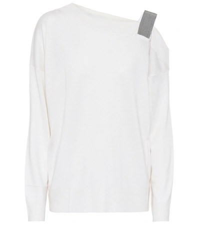Brunello Cucinelli Embellished Cashmere And Silk Sweater In White