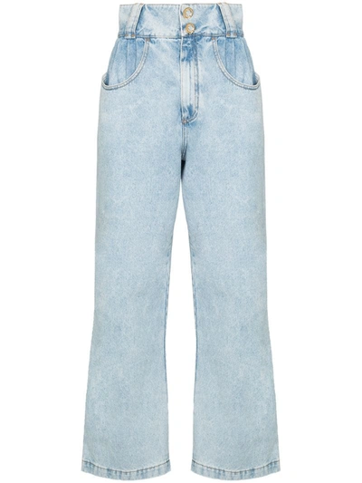 Alessandra Rich High Waist Cotton Denim Wide Leg Jeans In Blue