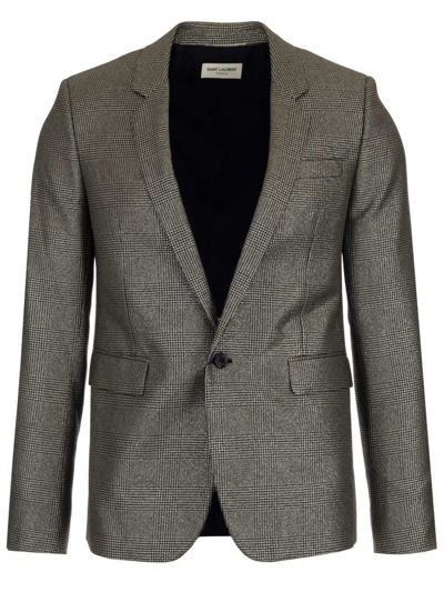 Saint Laurent Prince Of Wales Checked Wool Blazer In Grey