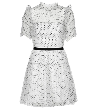 Self-portrait Ruched Pleated Polka-dot Flocked Tulle Mini Dress In White