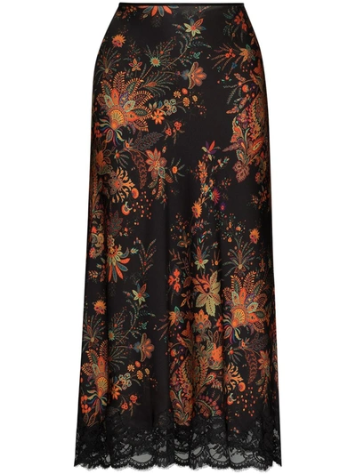 Paco Rabanne Lace-trimmed Floral-print Satin Midi Skirt In Black