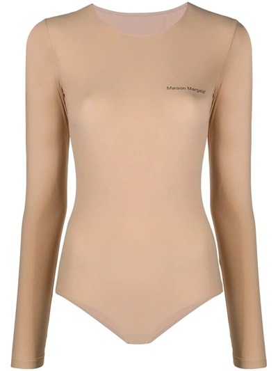 Mm6 Maison Margiela Logo-print Long-sleeve Bodysuit In Nude