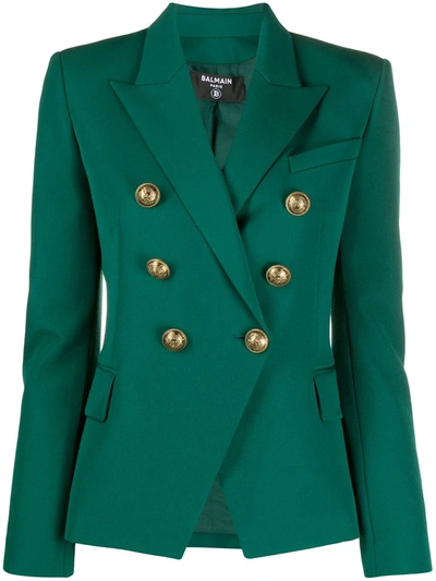 Balmain Red Double-breasted Wool Blazer In Green