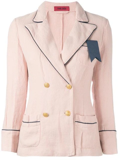 The Gigi Contrast Trim Double Breasted Blazer In Pink/purple