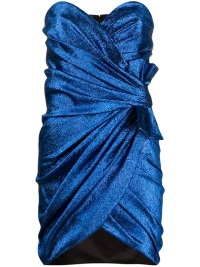 Saint Laurent Ruched Bow-embellished Silk-blend Mini Dress In Blue