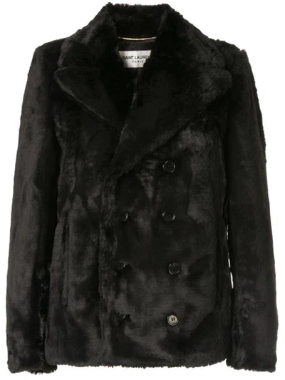Saint Laurent Faux Fur Pea Coat In Black