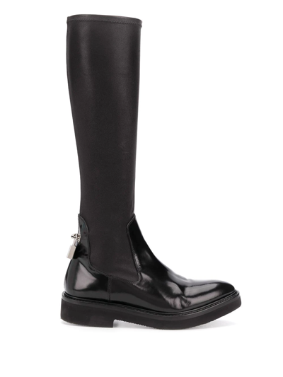 Christopher Kane Padlock Neoprene And Leather Knee-high Boots In Black