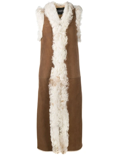 Simonetta Ravizza Shearling & Suede Belted Long Vest Coat In Beige,brown