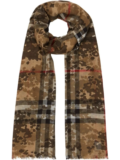 Burberry Lightweight Camouflage Check Wool & Silk Scarf In Brown