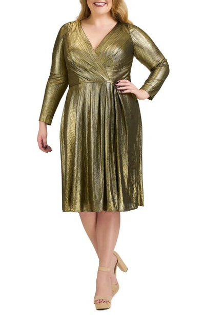 Mac Duggal Metallic Long Sleeve Cocktail Dress In Bronze