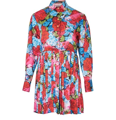 Versace Pleated Floral Print Long Sleeve Mini Shirtdress In Rosso Azzurro Fuxia