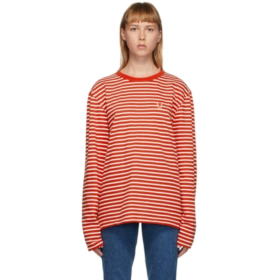 Ami Alexandre Mattiussi Red And White Ami De Coeur Mariniere Long Sleeve T-shirt In 154 Red