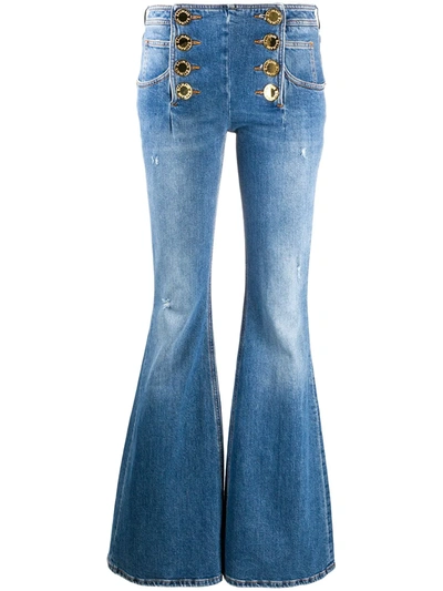 Balmain Flared Cotton Denim Jeans W/ Buttons In Blue