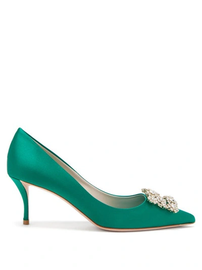 Roger Vivier Flower Crystal-embellished Satin Pumps In Emerald
