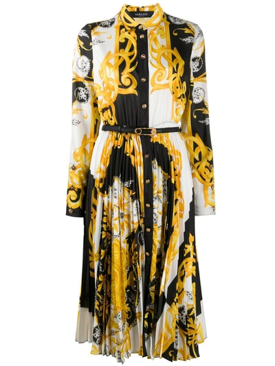 Versace Barocco Acanthus Print Pleated Long Sleeve Silk Midi Shirtdress In White