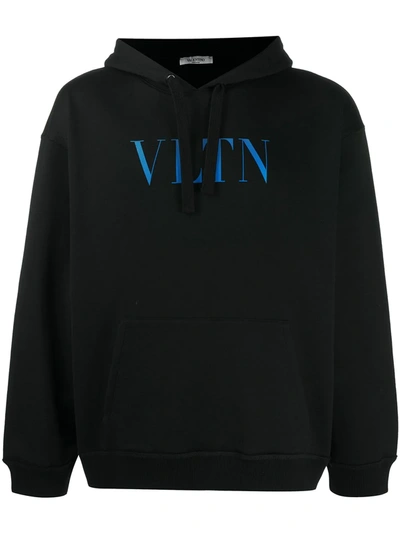 Valentino Vltn Logo-print Hoodie In Nero/vltn Light Blue Fluo