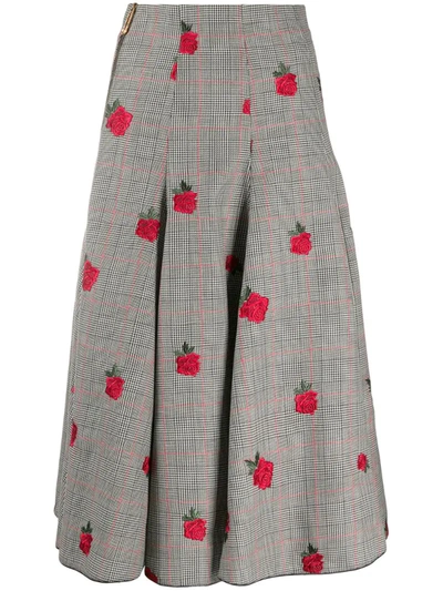 Versace Rose-embroidered Check-pattern Skirt In White