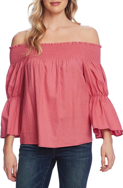 Vince Camuto Off The Shoulder Bell Sleeve Linen Blend Blouse In Coral Blossm