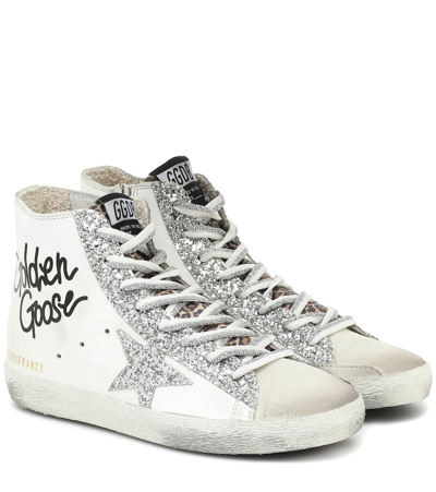 Golden Goose Francy Glittered Distressed Leather And Suede High-top Sneakers In White