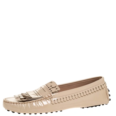 Pre-owned Tod's Beige Patent Leather Laser Cut Fringe Slip On Loafer Size 37.5