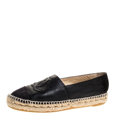 Pre-owned Chanel Black Leather And Canvas Cc Espadrilles Size 37