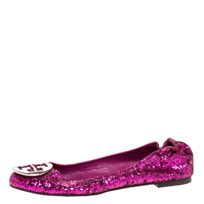 Pre-owned Tory Burch Metallic Pink Coarse Glitter Fabric Minnie Ballet Flats Size 38
