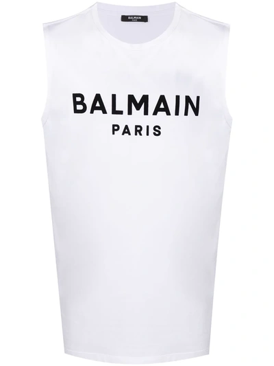 Balmain Flocked Logo Sleeveless Top In White