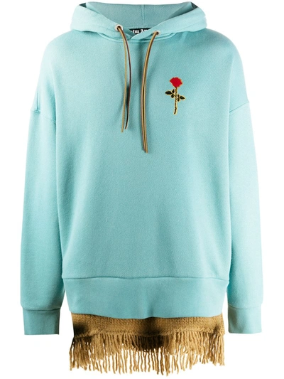 Palm Angels Aquamarine Fringed Red Rose Hoodie In Blue