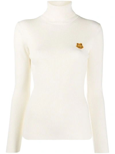 Kenzo Tiger Crest Rib Merino Wool Turtleneck Sweater In Cream