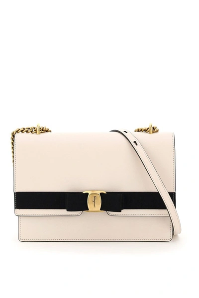 Ferragamo Women's Vara Bi-color Leather Shoulder Bag In White,beige,black