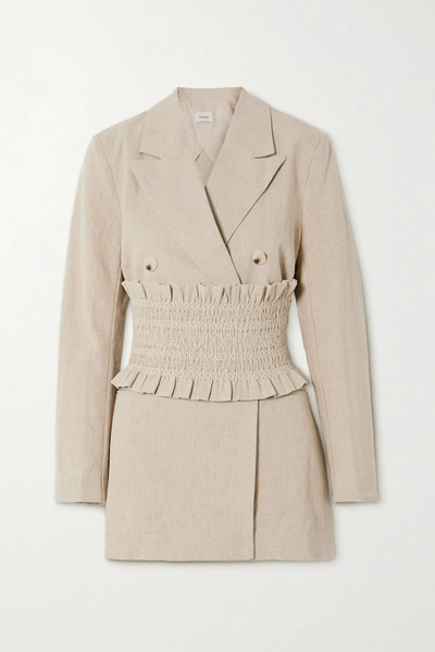 Holzweiler Sagene Belted Double-breasted Cotton And Linen-blend Blazer In Beige