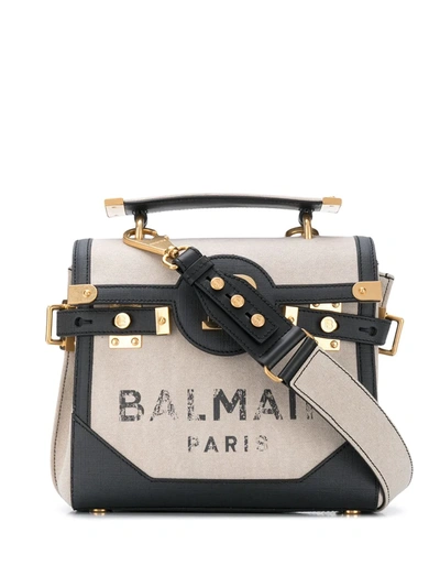 Balmain B-buzz 30 Medium Canvas Shoulder Bag In Neutrals