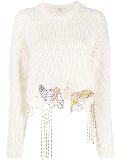 Area Cropped Crystal-embellished Ribbed Cotton-blend Sweater In Neutrals