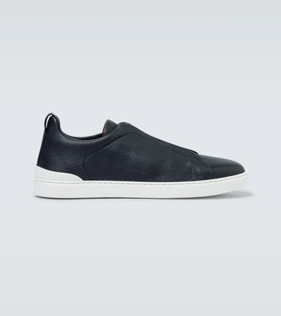 Ermenegildo Zegna Leather Trainers With Concealed Laces In Blue