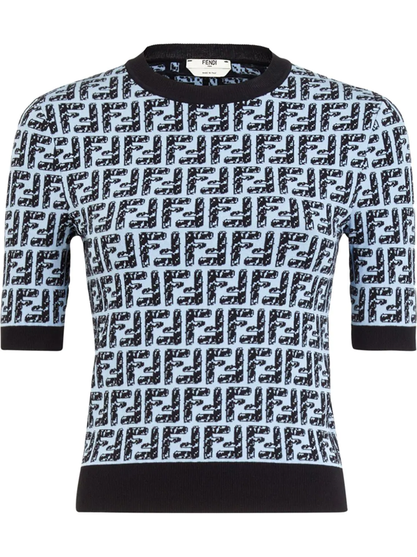 Fendi Ff Logo Jacquard Cotton Blend Crop Sweater In Blue | ModeSens