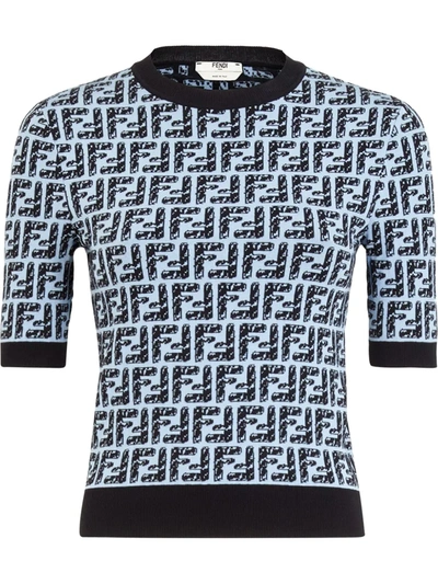 Fendi Ff Logo Jacquard Cotton Blend Crop Sweater In Blue
